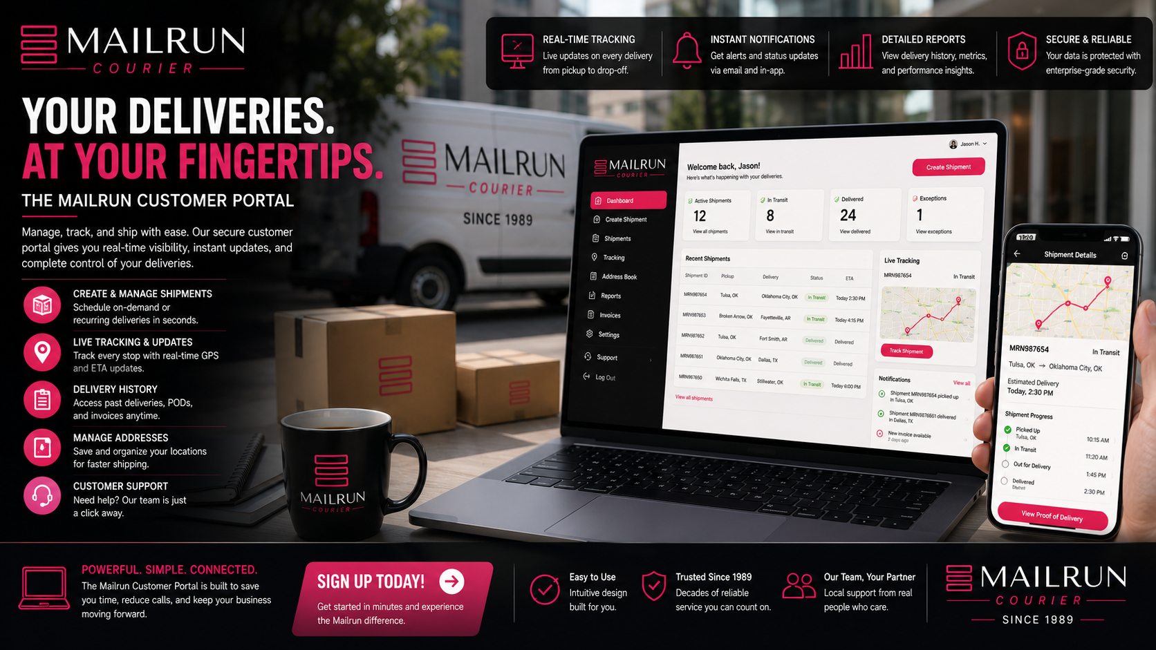 Mail run delivery app promo with laptop, phone, and package on a dark desk, featuring pink-and-black branding