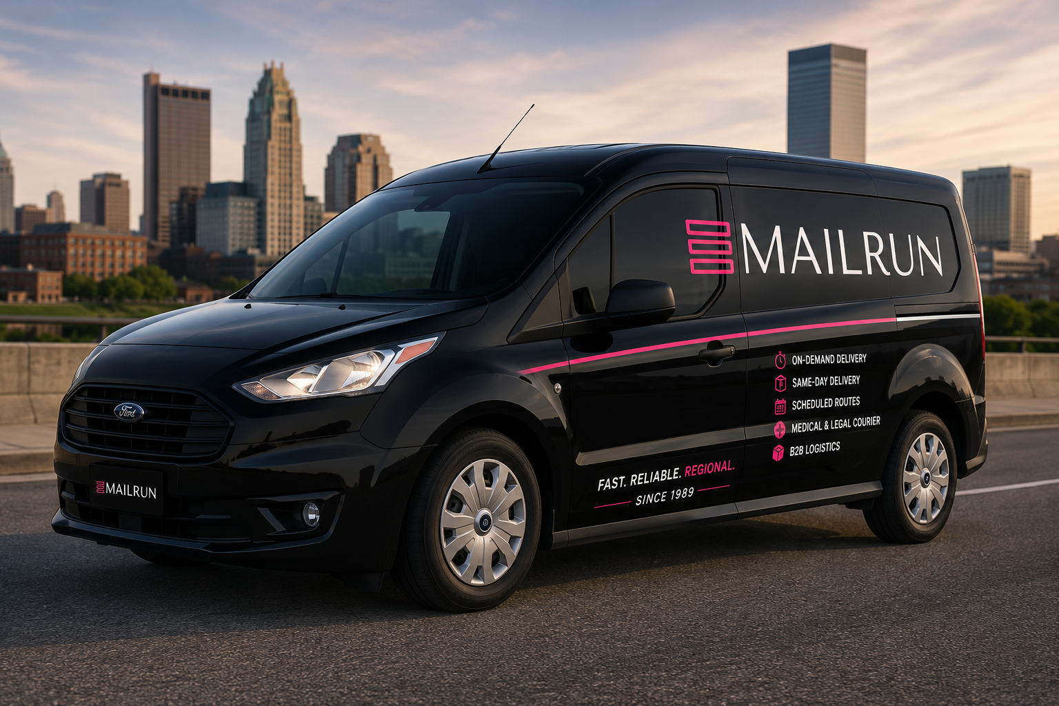 Black MailRun delivery van parked near a city skyline at dusk