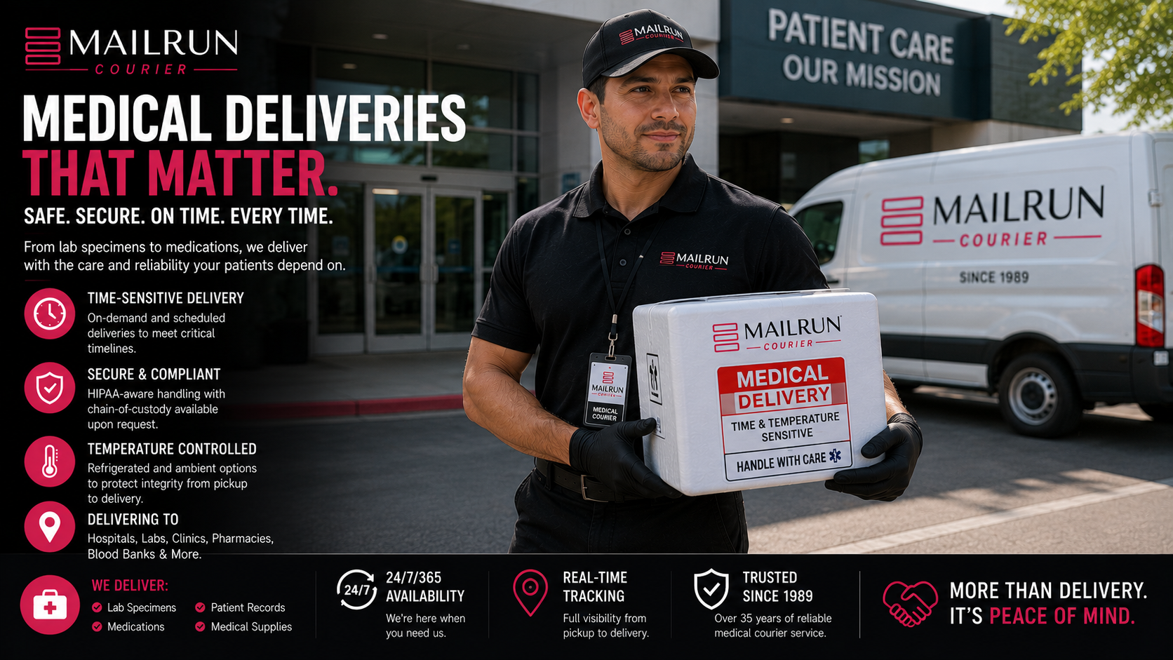 Mailrun delivery driver carrying a medical package beside a white van on a dark promotional ad background