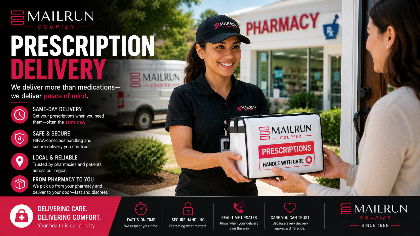 Mailrun prescription delivery ad with smiling courier holding a medicine box outside a pharmacy