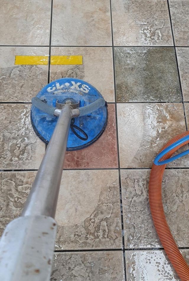 Using Machine to Clean Tile — Townsville, QLD — Bethel Carpet Cleaning