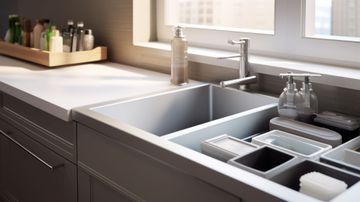 A kitchen sink with soap dispensers and sponges in it