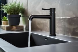 A black faucet is running water into a black sink.