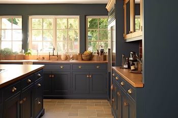 A kitchen with blue cabinets and wooden counter tops.