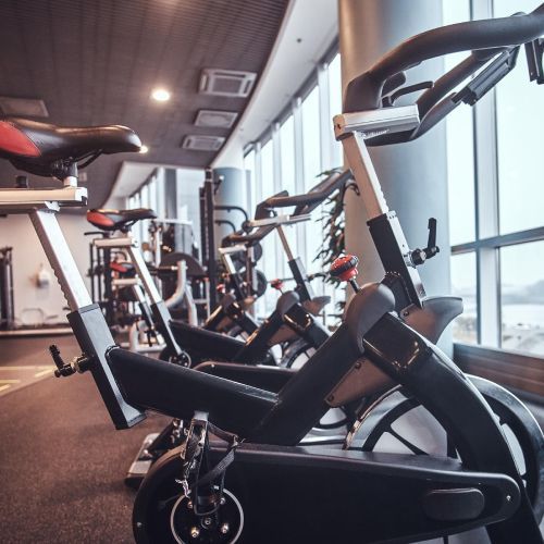 Modern gym with rows of stationary bikes by large windows overlooking water