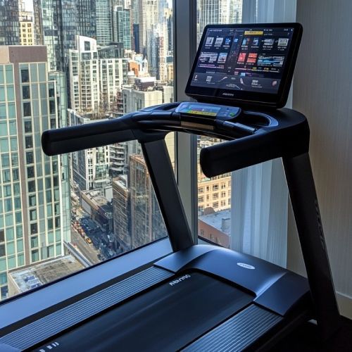 Treadmill facing a city skyline through a large window, with a touchscreen display on the console