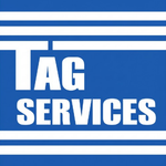 Blue-and-white TAG SERVICES logo with bold white text and horizontal stripes