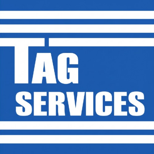 Blue-and-white TAG SERVICES logo with bold white text and horizontal stripes