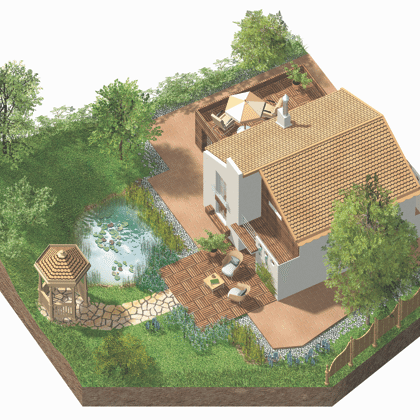 An aerial view of a house with a pond in the backyard