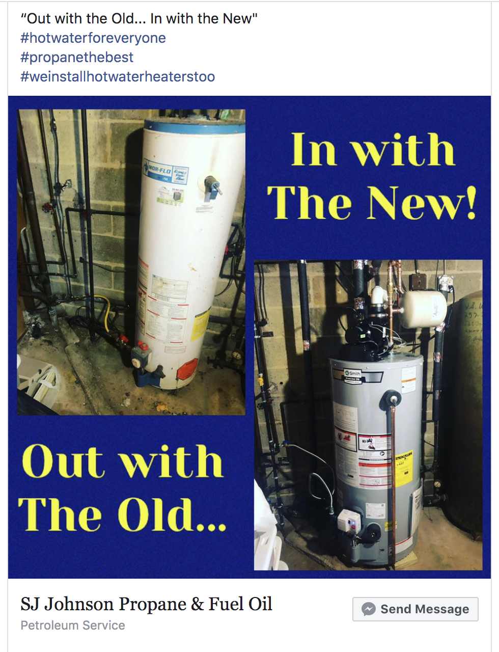 A picture of a water heater that says in with the new