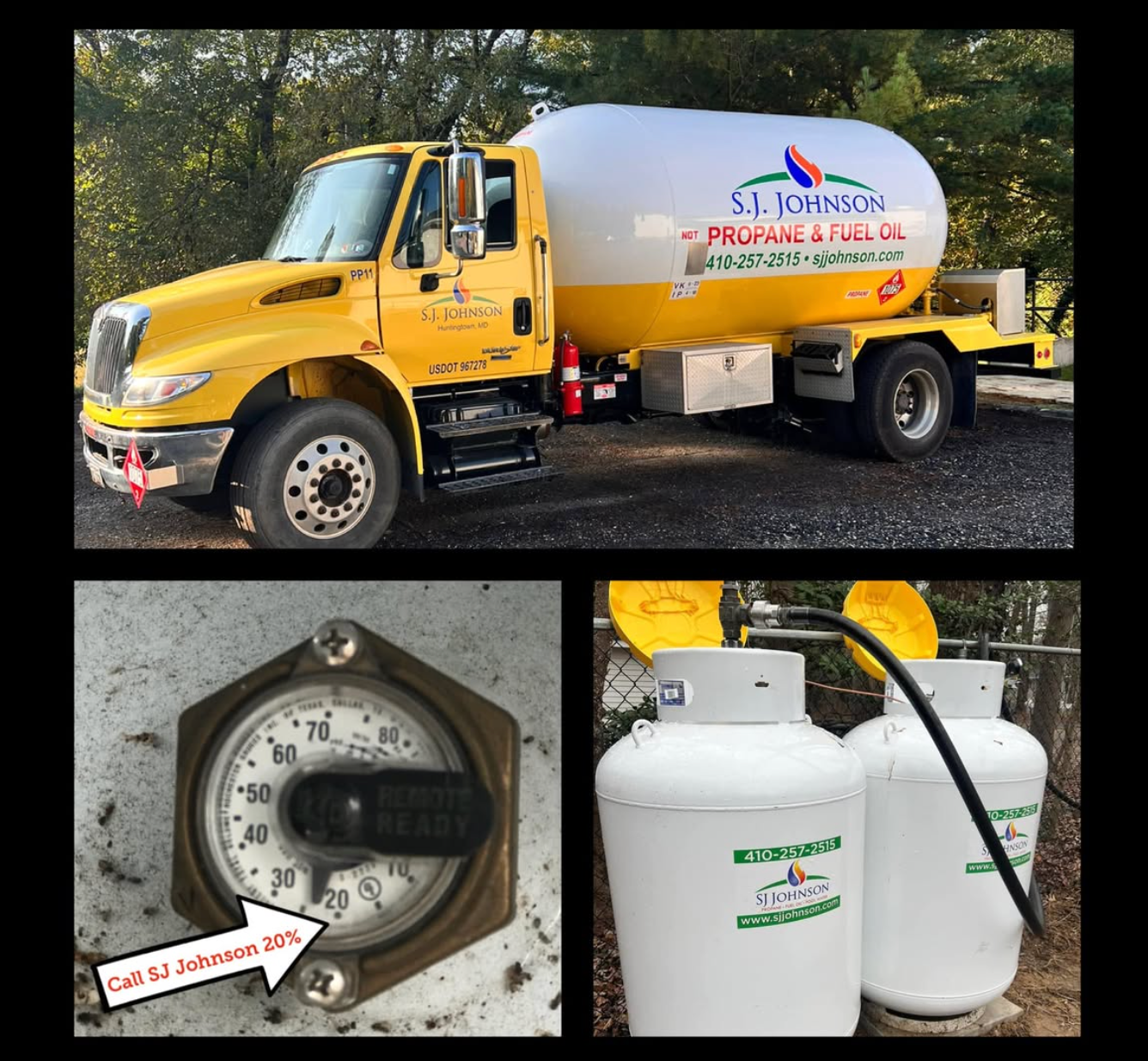 A yellow propane truck is parked next to two white tanks