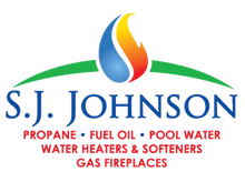 A logo for s.j. johnson propane fuel oil pool water water heaters and softeners gas fireplaces