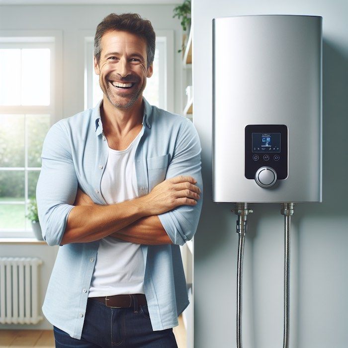 A scene displaying a man standing next to a Navien tankless water heating system from SJ Johnson Company.