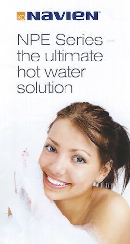 A woman in a bathtub with the words npe series - the ultimate hot water solution