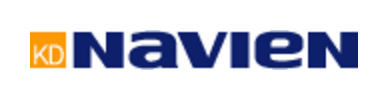 A blue and orange logo for kd navien