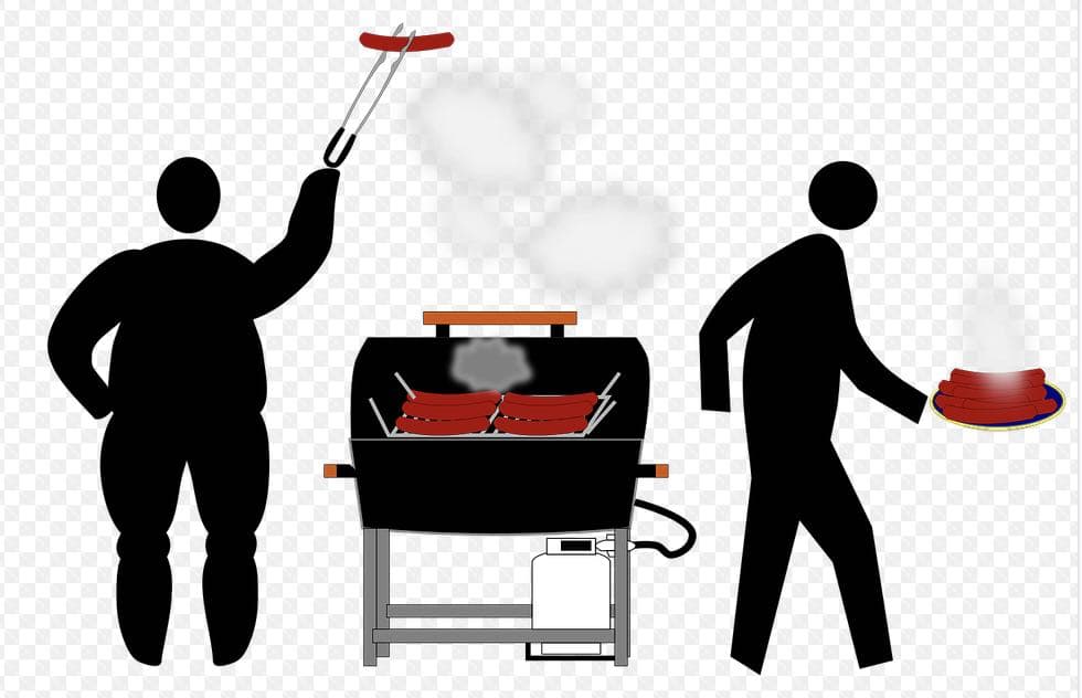 A man is cooking food on a grill while another man is holding a pot.