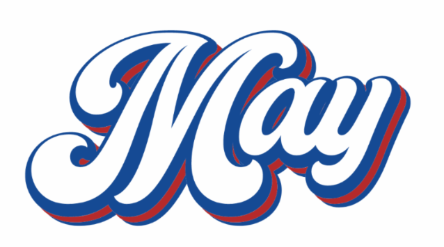 The word may is written in blue and red on a white background