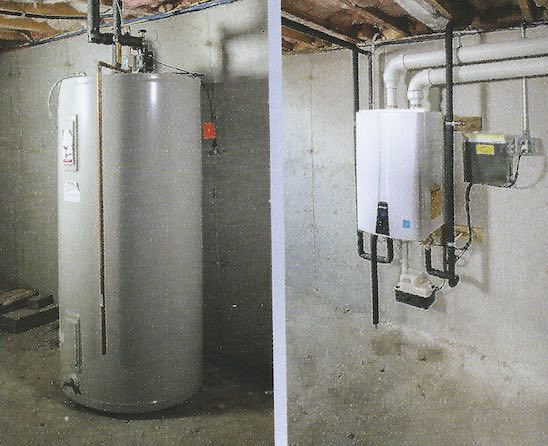 Two pictures of a water heater in a basement