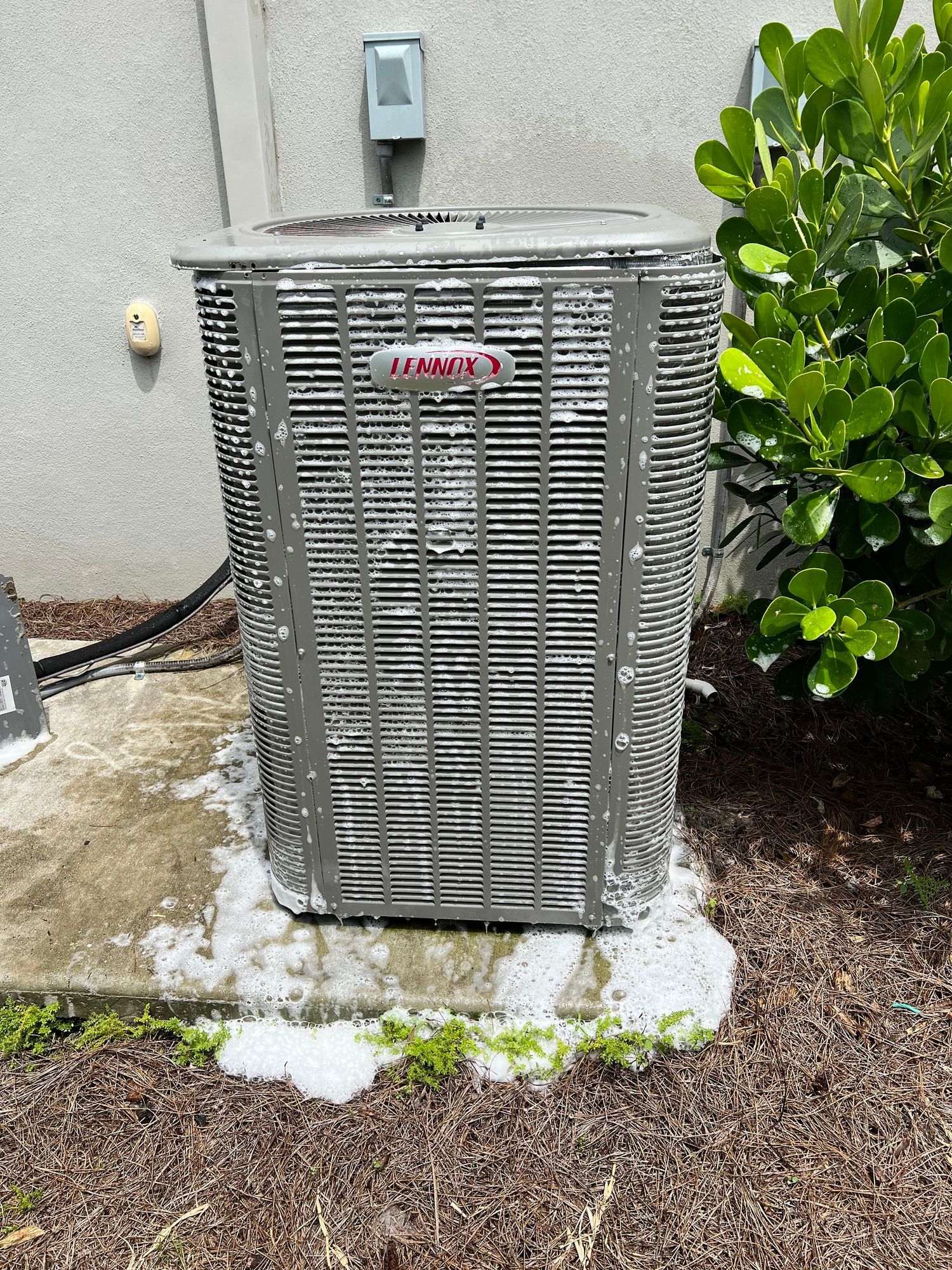 a dirty air conditioner is sitting on a sidewalk next to a bush .