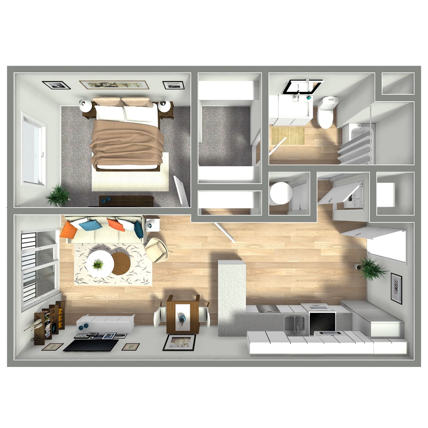 Top-down floor plan of a compact apartment with bedroom, bathroom, kitchen, living area, and balcony.