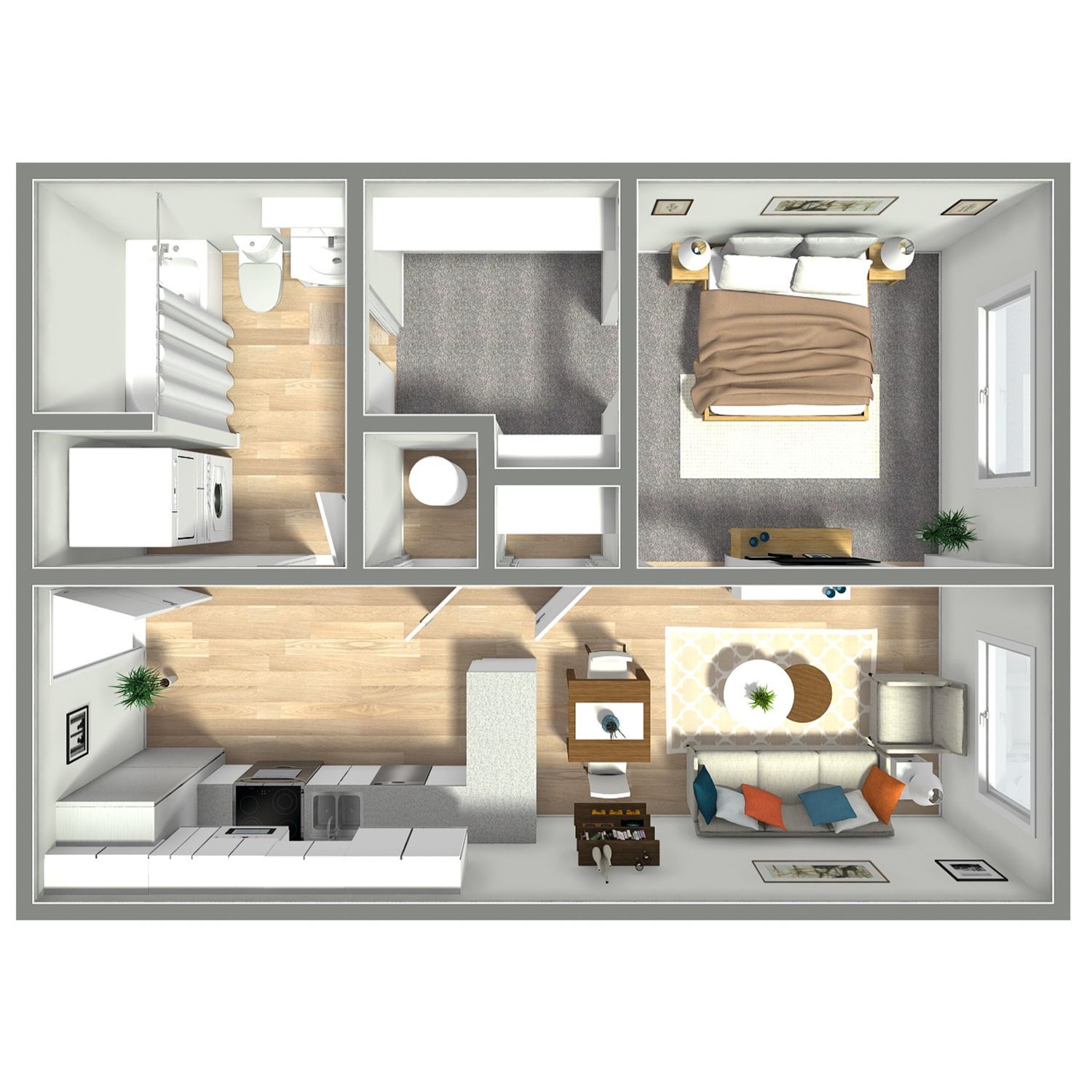 Top-down 3D floor plan of a small apartment with living room, kitchen, bathroom, bedroom, and hall.