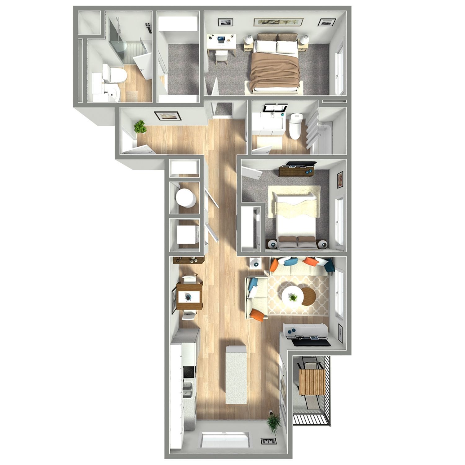 Top-down floor plan of a small apartment with bedroom, bath, kitchen, living area, and balcony.