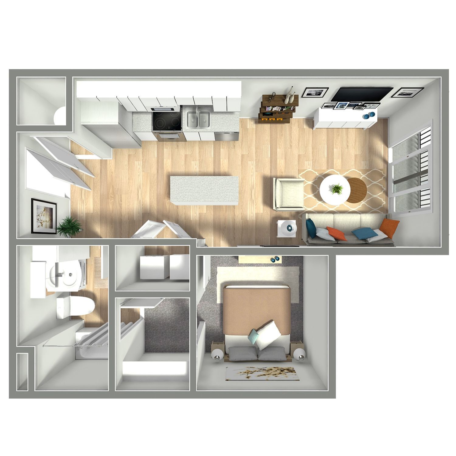 Top-down view of a compact modern apartment with kitchen, living area, bathroom, and bedroom.