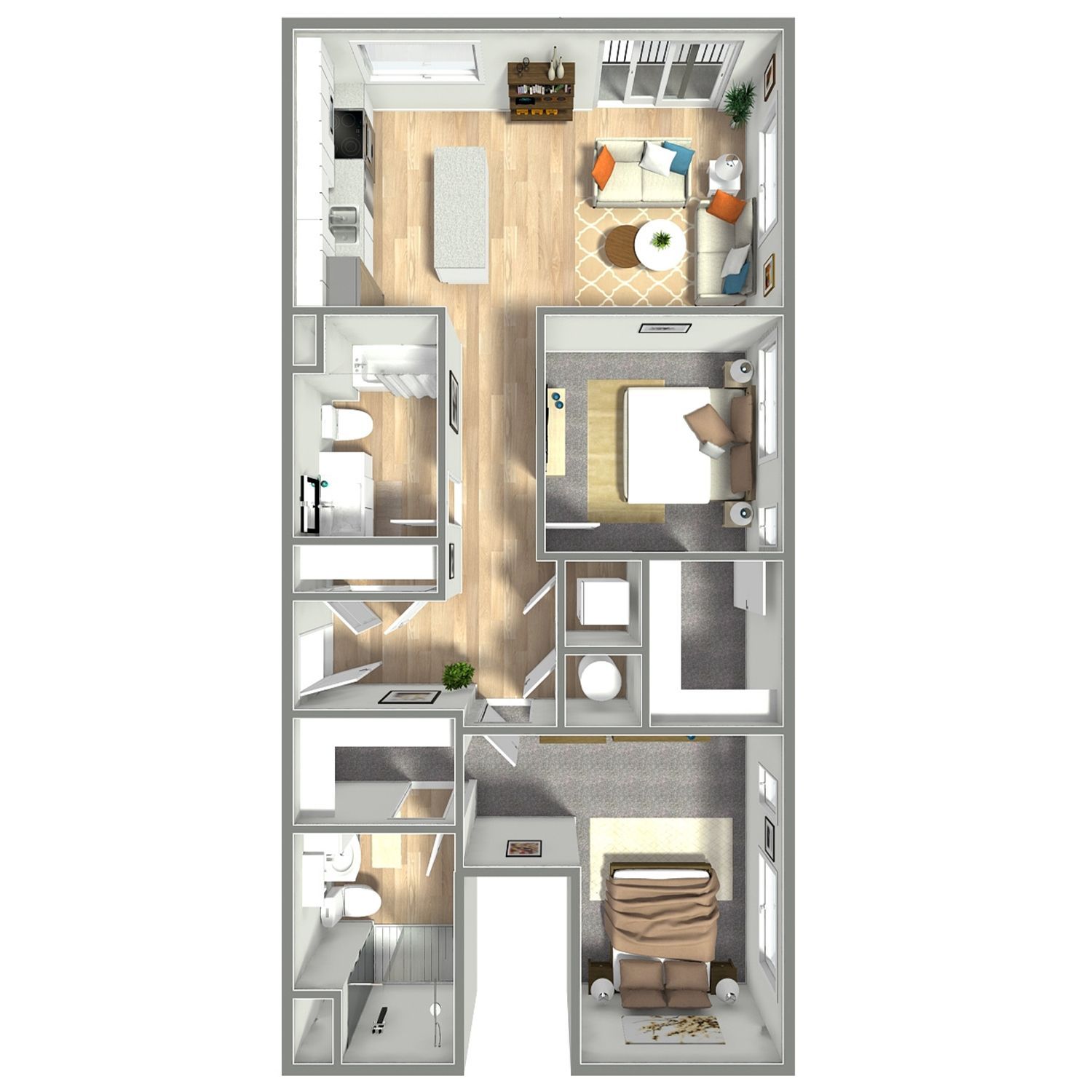 Top-down floor plan of a small apartment with living room, kitchen, bedroom, bathroom, and closets