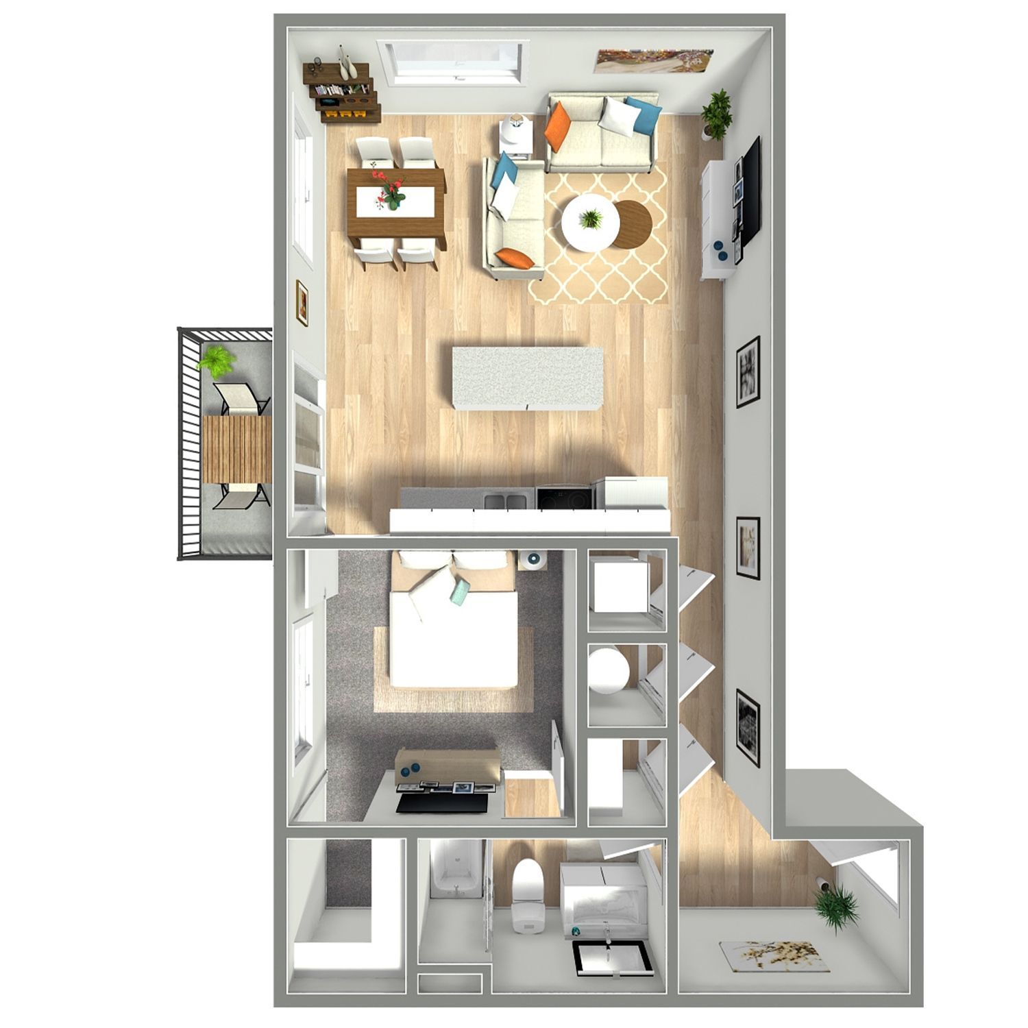 Top-down floor plan of a compact apartment with living room, bedroom, kitchen, bathroom, and balcony.