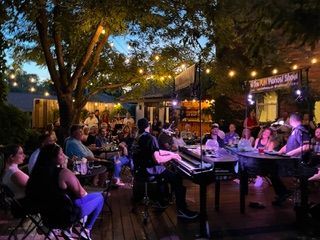 Outdoor evening dinner party with guests seated at tables under string lights and trees
