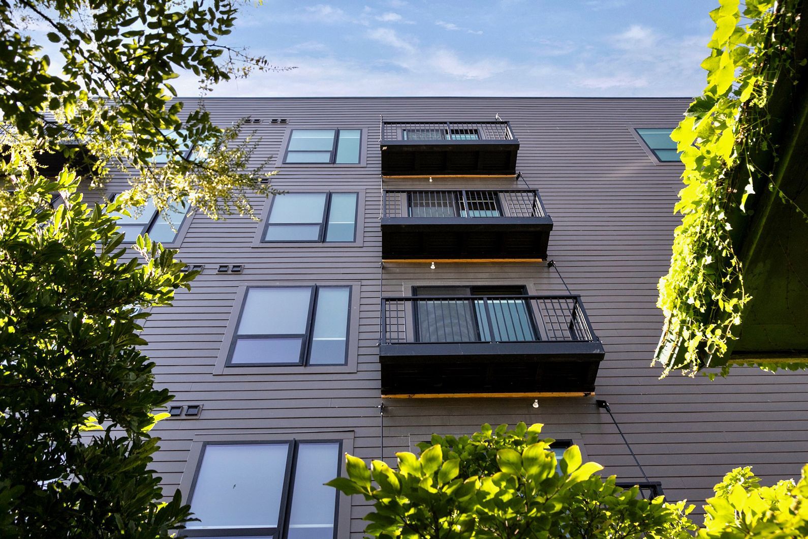 Multi-story apartment building viewed from below, with balconies and trees framing the facade