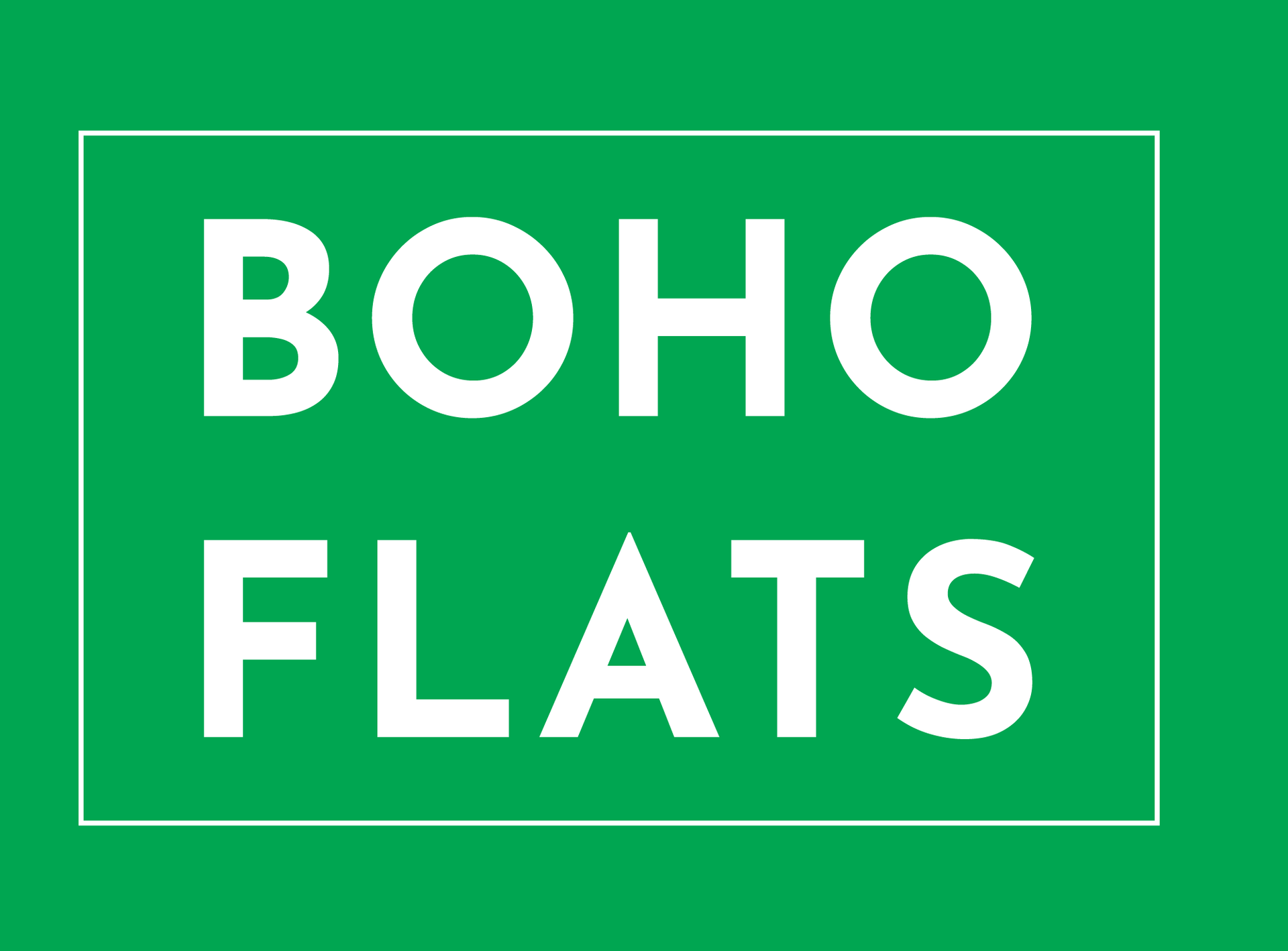 White “BOHO FLATS” text on a green background with a thin white border.