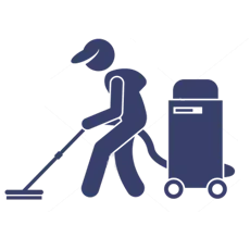A dark blue icon of a person wearing a cap and using a wheeled floor cleaner or industrial vacuum.