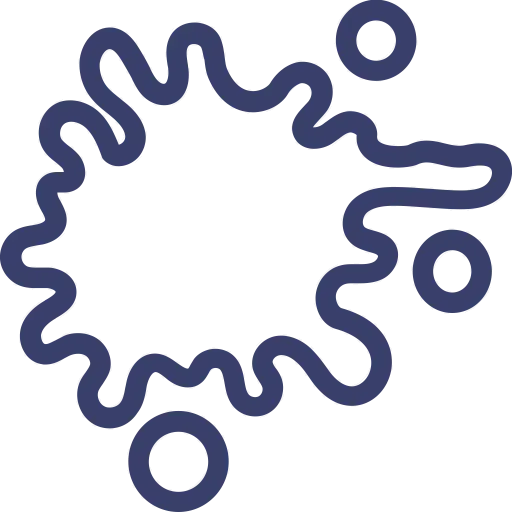 A dark blue, outlined ink splatter or paint blob with three small, circular droplets floating around it.