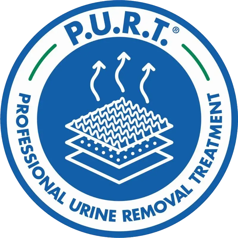 A blue circular logo for P.U.R.T. (Professional Urine Removal Treatment) showing a layered carpet diagram with arrows.