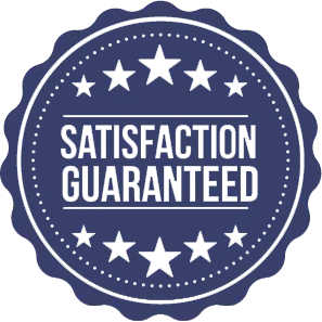 A circular blue badge with wavy edges featuring the white text 
