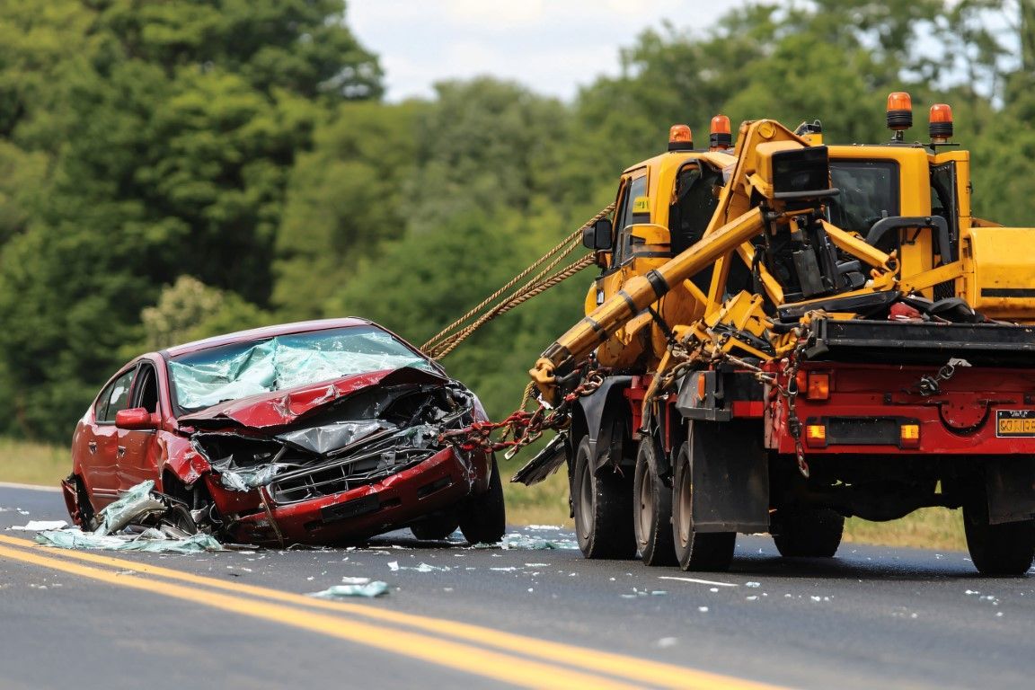 Tow truck hauling a badly wrecked red car on a road after a crash