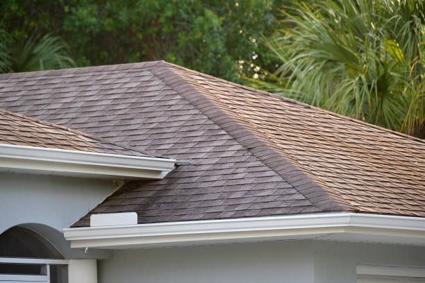 A close up of a roof of a house with trees in the background.