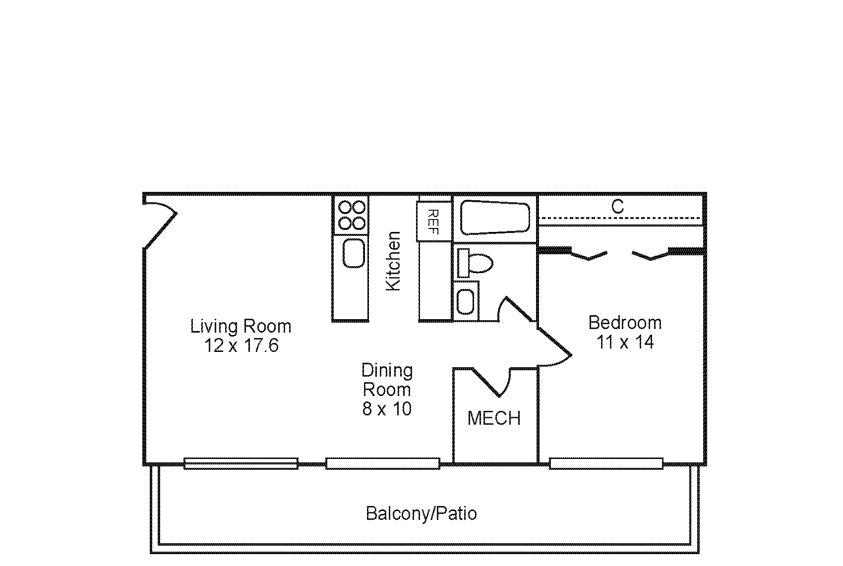 Floor Plan: 1 Bed, 1 Bath, 545 Square feet