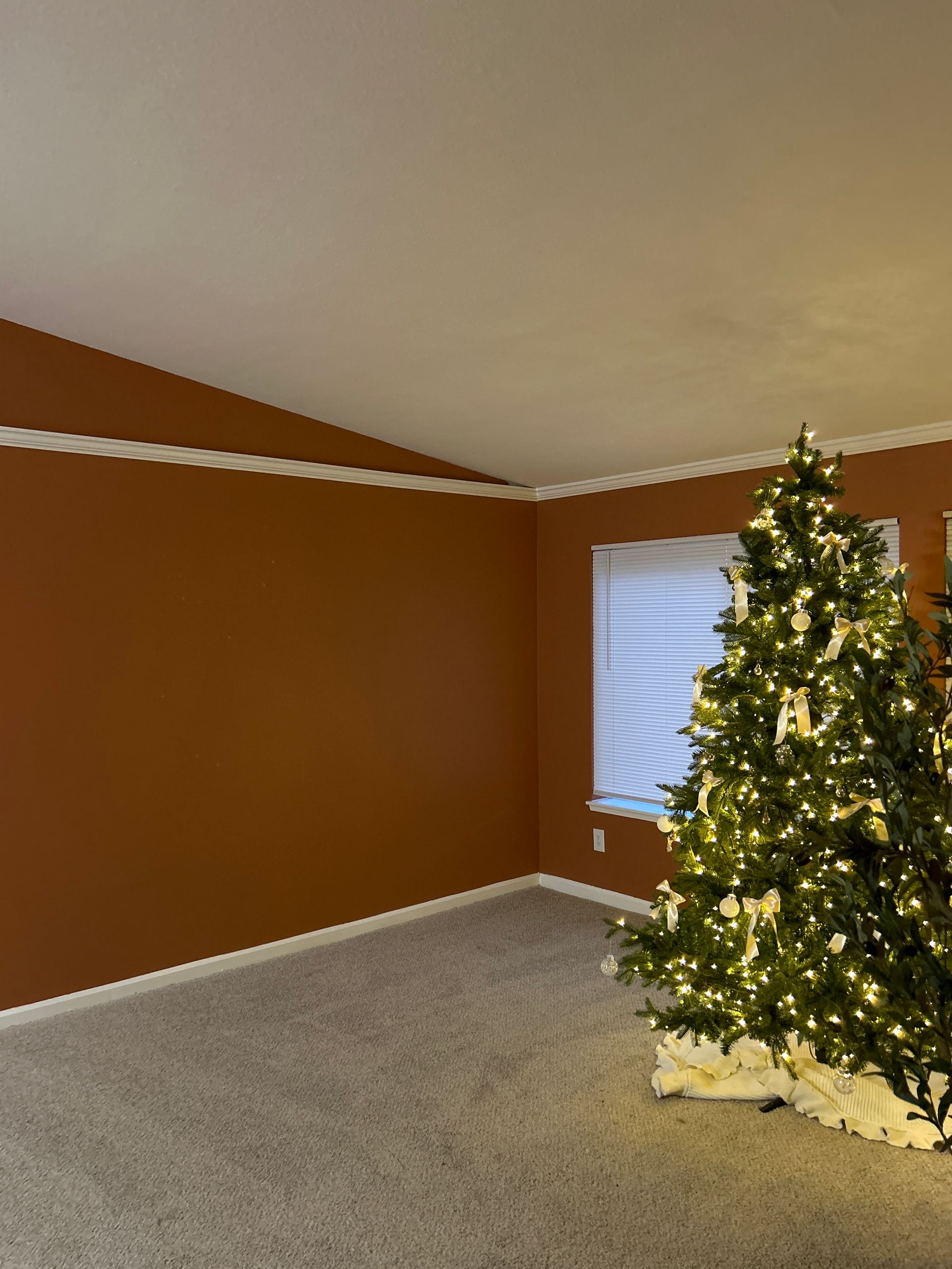 A living room with a christmas tree in the middle of it