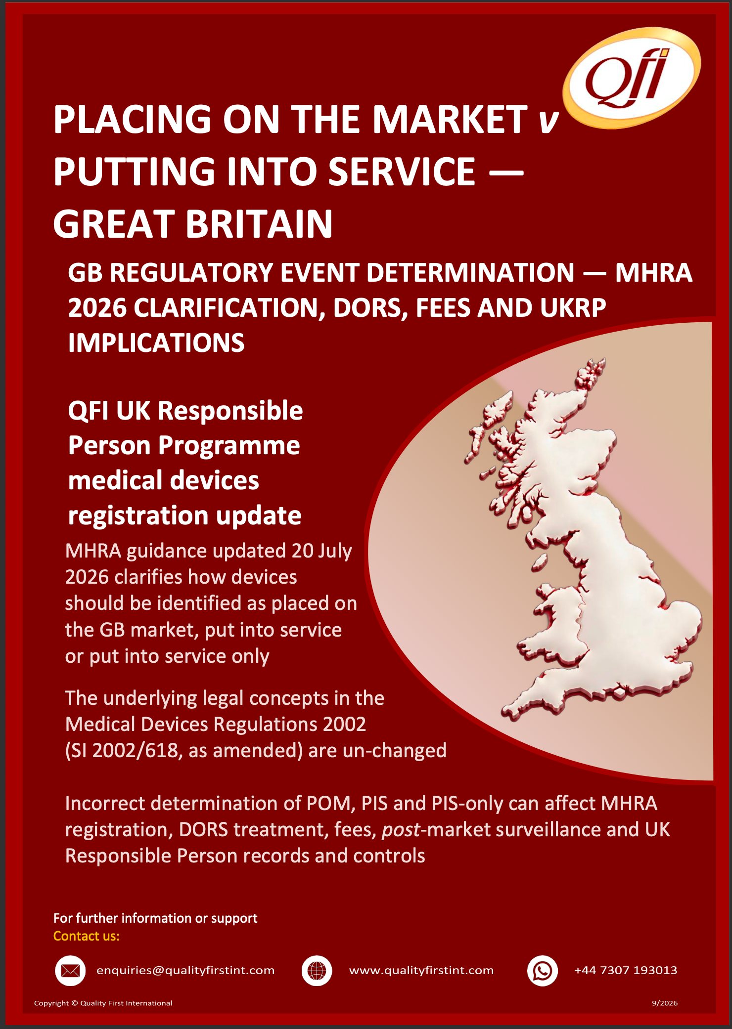 Cover of QFI circular: Placing on the market v putting into service in Great Britain, with a map of Great Britain