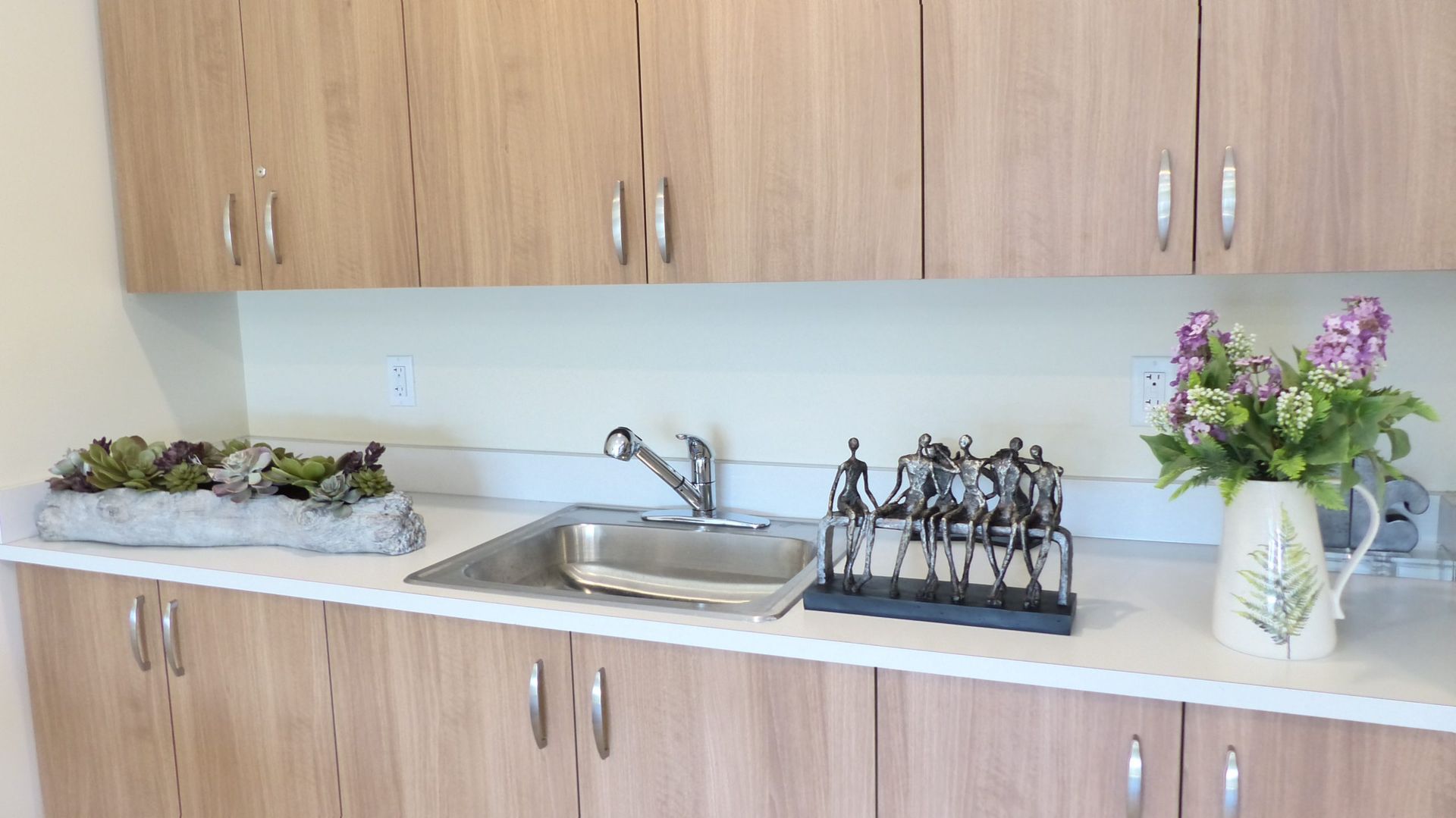 Kitchen countertop with sink, wooden cabinets, potted plants, and a flower vase