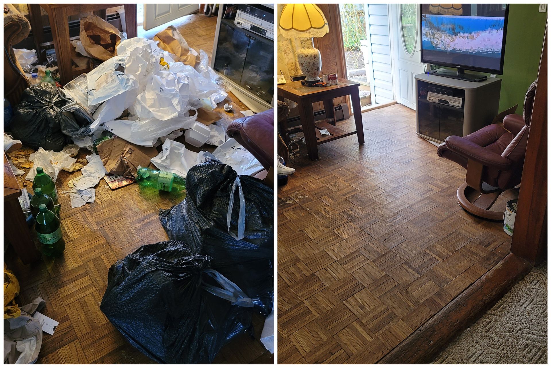 before and after images of a freshly clean living room