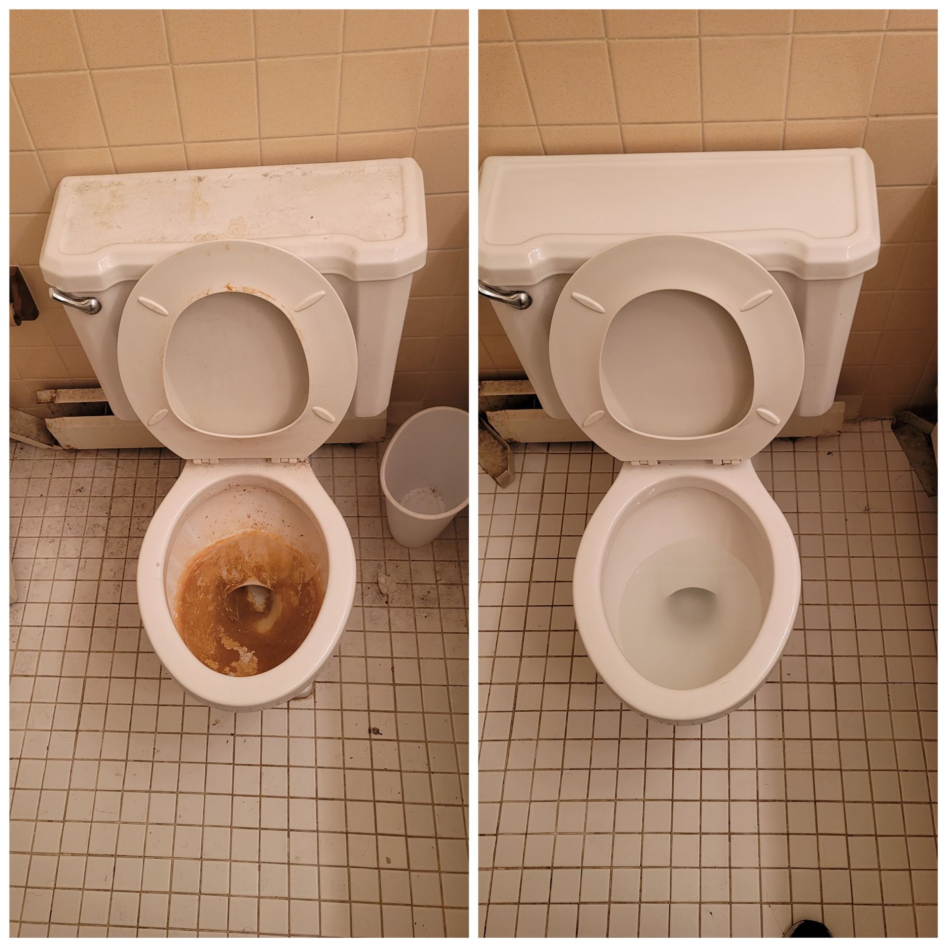 before and after images of a freshly clean bathroom