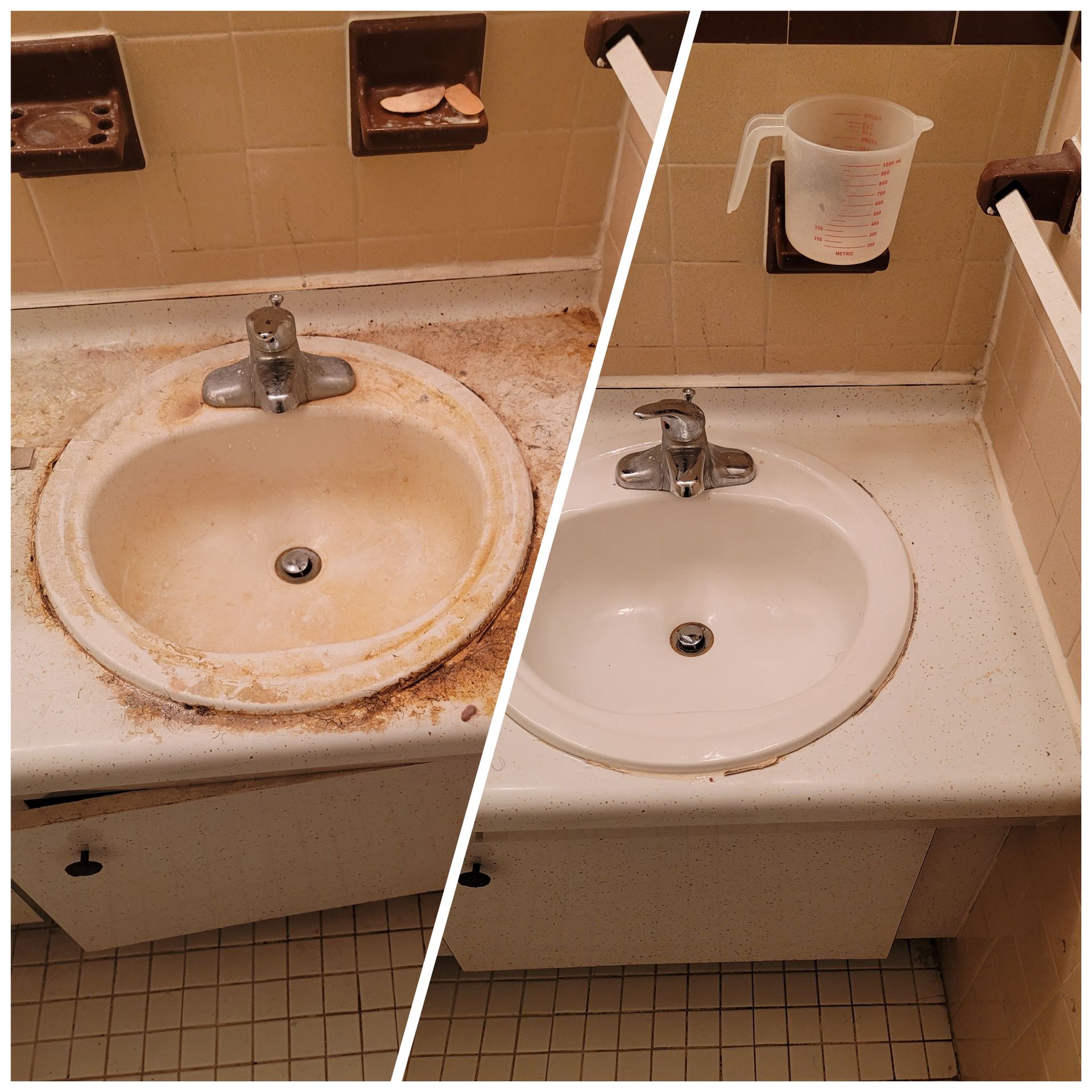 before and after images of a freshly clean sink