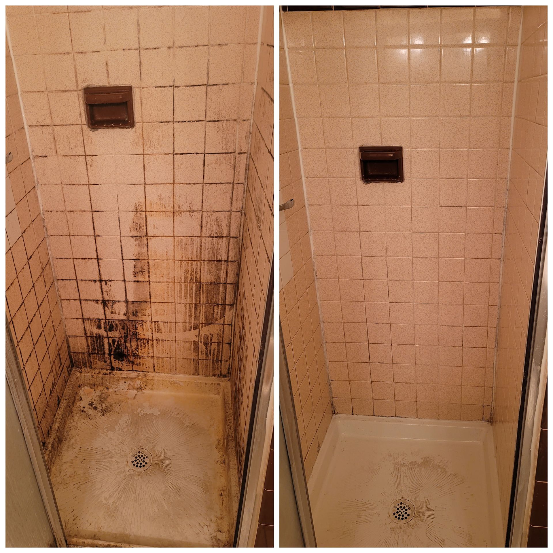 before and after images of a freshly clean shower