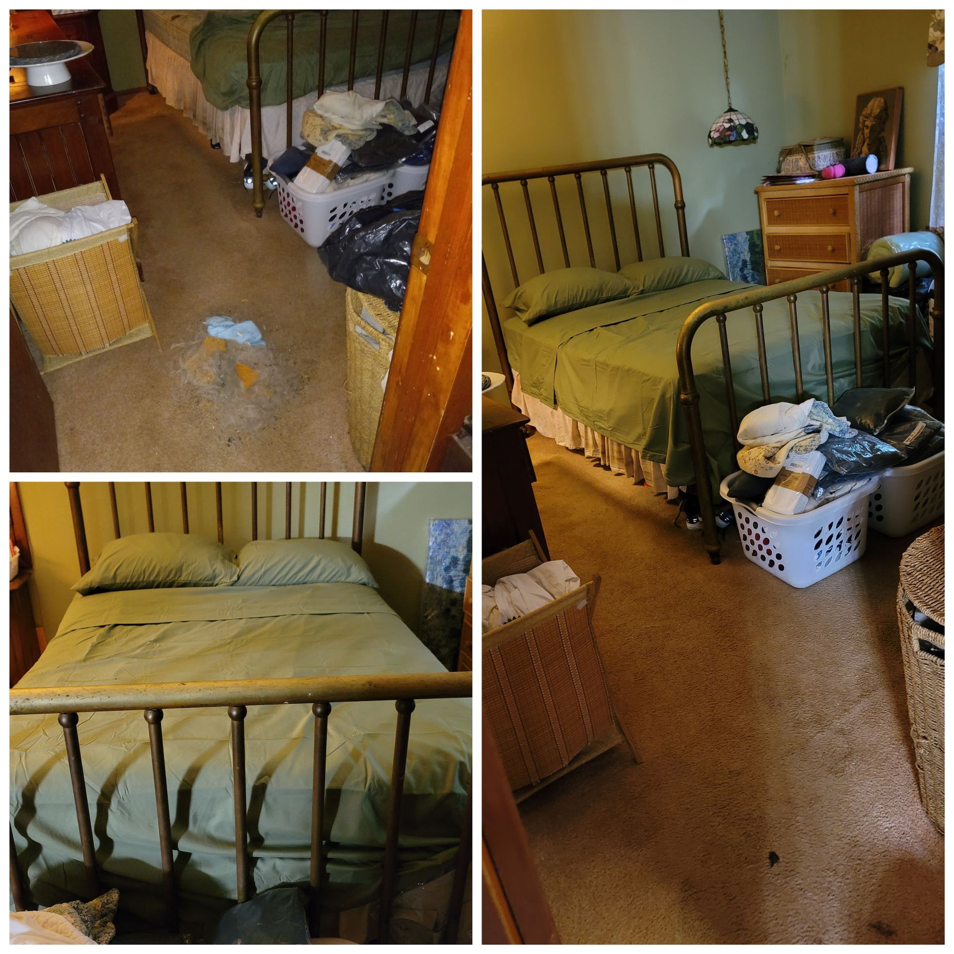 before and after images of a freshly clean bedroom