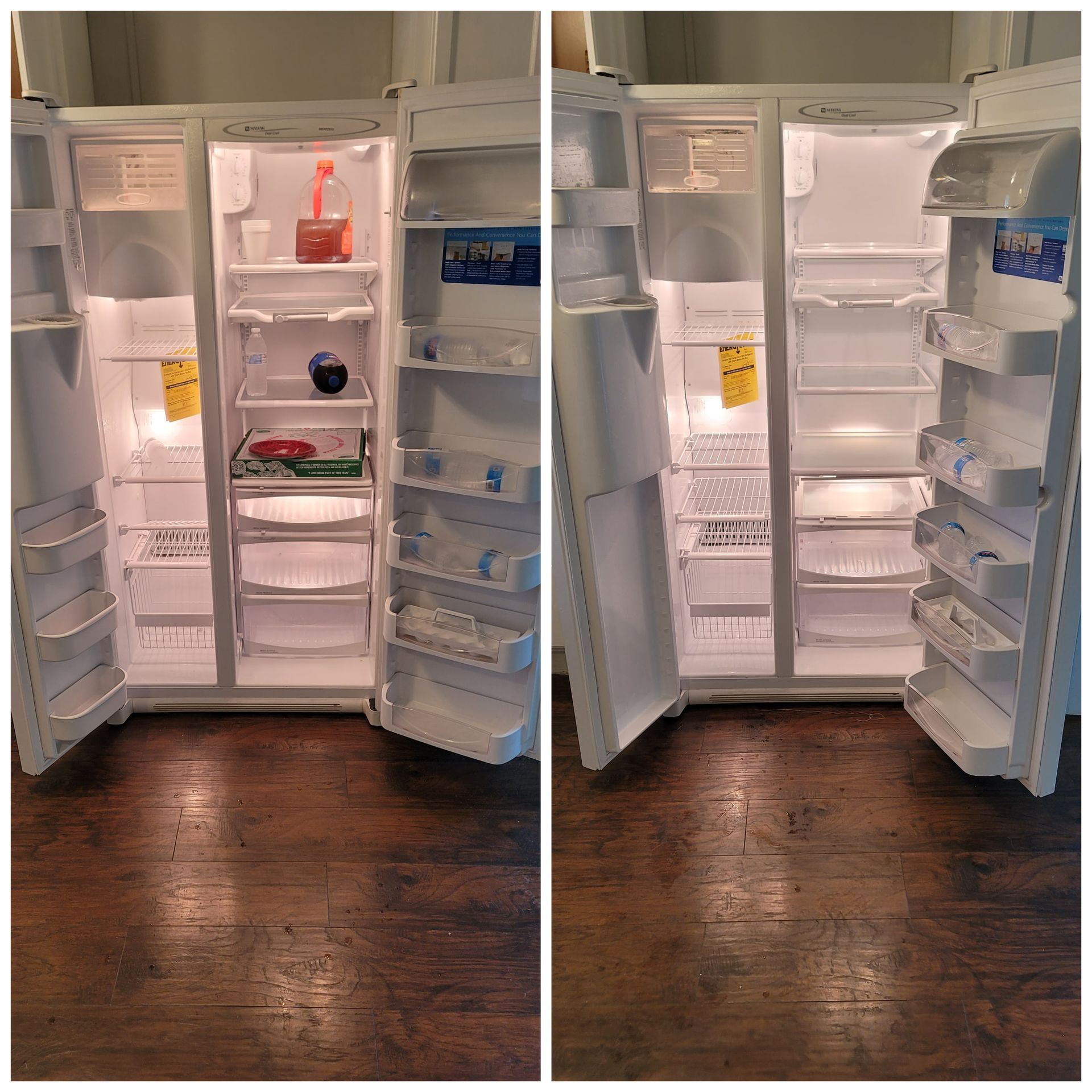 before and after images of a freshly clean refrigerator 