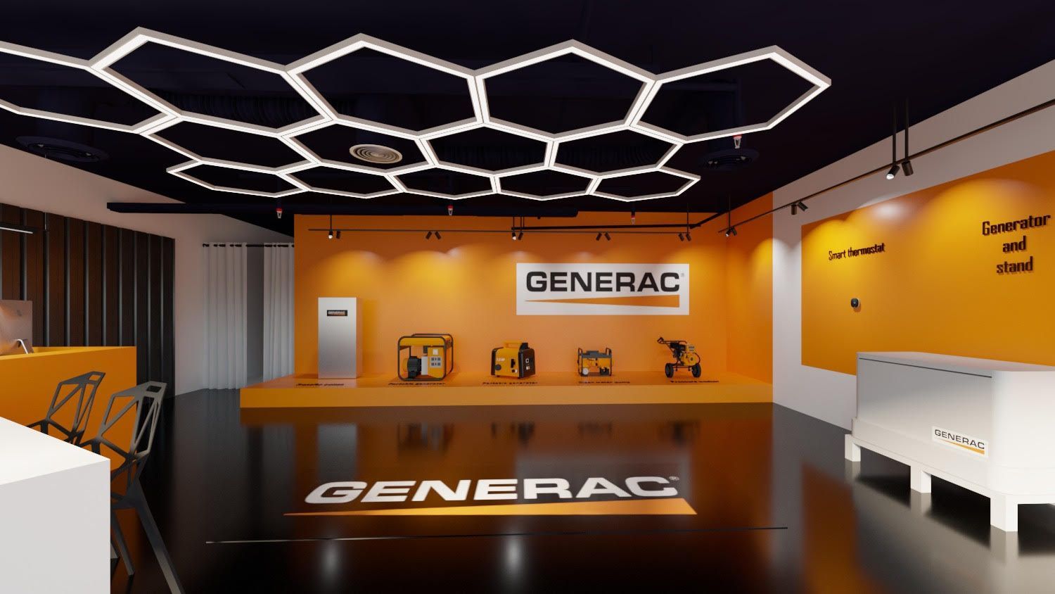 A 3d rendering of a generator showroom with a honeycomb ceiling.