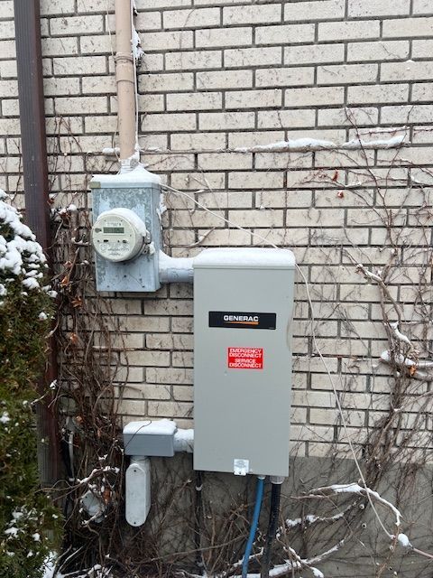 Outdoor utility meter and electrical box mounted on a brick wall with snow on top and nearby branches